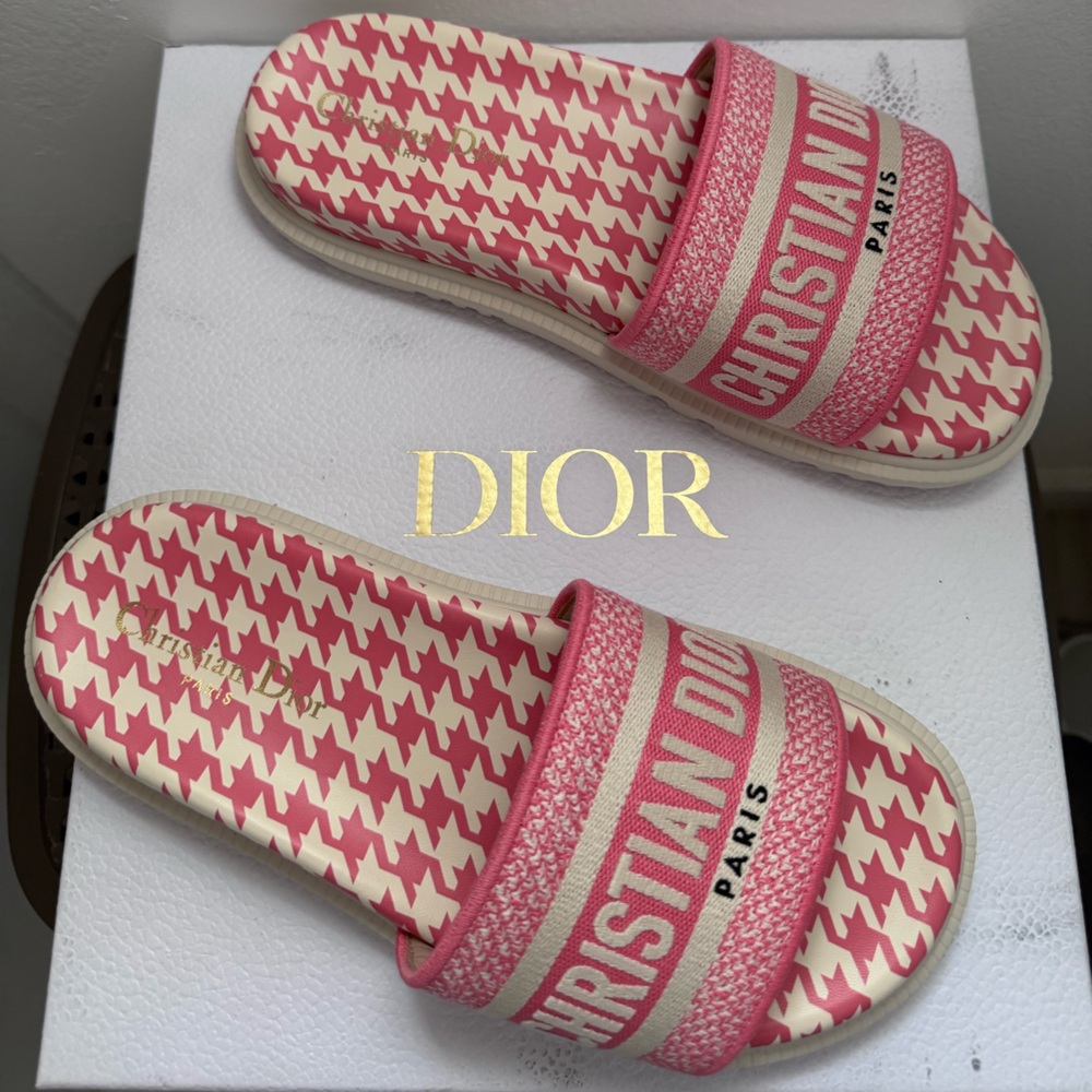 New Dior Pink Peony Houndstooth Patterned Women’s Comfy Sandals 38 US 8 NIB